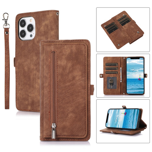 Zipper Card Slot Buckle Wallet Leather Phone Casefor iPhone 13 Pro Max - Brown