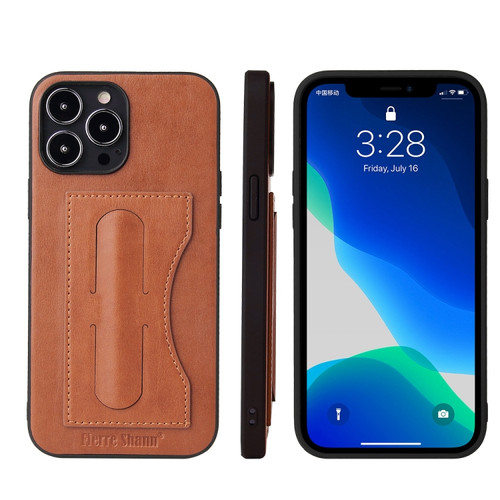 Fierre Shann Full Coverage Protective Leather Case with Holder & Card Slot for iPhone 13 Pro Max - Brown