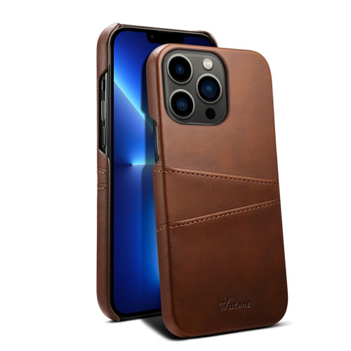 Suteni Calf Texture Back Cover Phone Case with Card Slots for iPhone 13 Pro Max - Brown