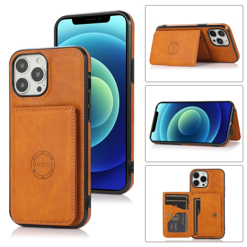 Calf Texture Magnetic Card Bag PU Shockproof Case with Holder & Card Slot for iPhone 13 Pro Max - Brown