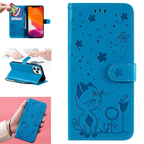 Cat Bee Embossing Pattern Shockproof Horizontal Flip Leather Case with Holder & Card Slots & Wallet for iPhone 13 Pro Max - Blue