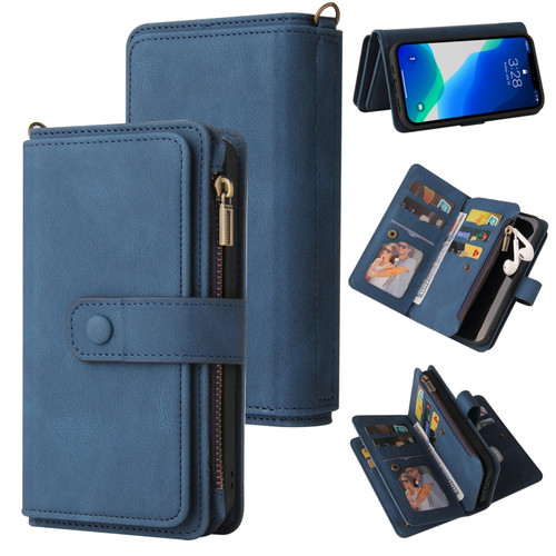 Skin Feel PU + TPU Horizontal Flip Leather Case with Holder & 15 Cards Slot & Wallet & Zipper Pocket & Lanyard for iPhone 13 Pro Max - Blue