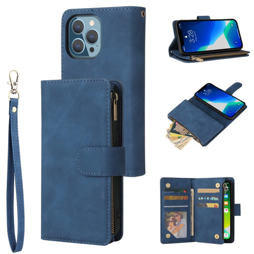 Multifunctional Phone Leather Case with Card Slot & Holder & Zipper Wallet & Photo Frame for iPhone 13 Pro Max - Blue