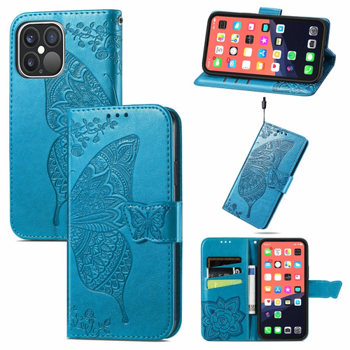 Butterfly Love Flower Embossed Horizontal Flip Leather Case with Bracket / Card Slot / Wallet / Lanyard for iPhone 13 Pro Max - Blue