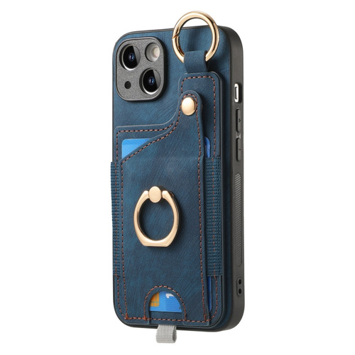 Retro Skin-feel Ring Card Bag Phone Case with Hang Loopfor iPhone 13 Pro Max - Blue