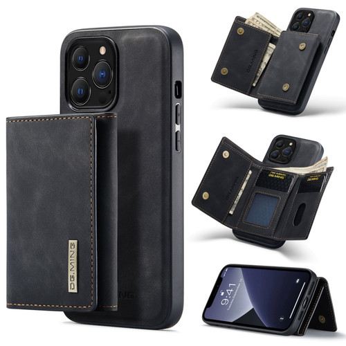 DG.MING M1 Series 3-Fold Multi Card Wallet Shockproof Case with Holder Function for iPhone 13 Pro Max - Black