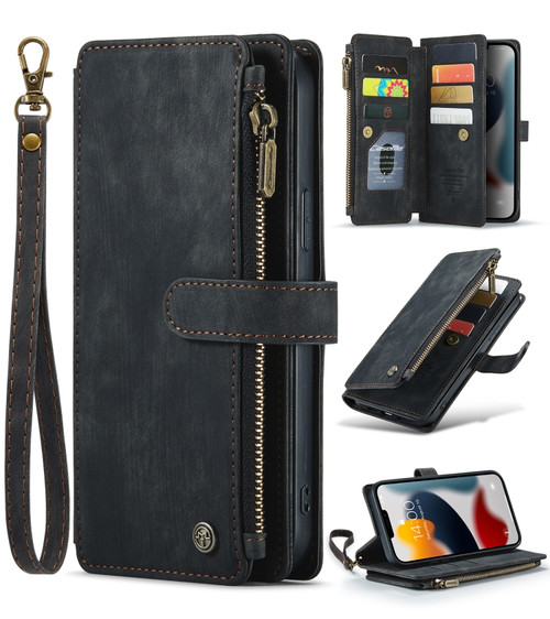 CaseMe-C30 PU + TPU Multifunctional Horizontal Flip Leather Case with Holder & Card Slot & Wallet & Zipper Pocket for iPhone 13 Pro Max - Black