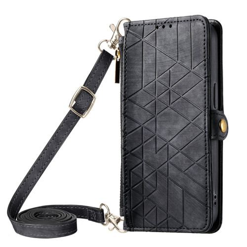 Geometric Zipper Wallet Side Buckle Leather Phone Case with Crossbody Lanyardfor iPhone 13 Pro Max - Black