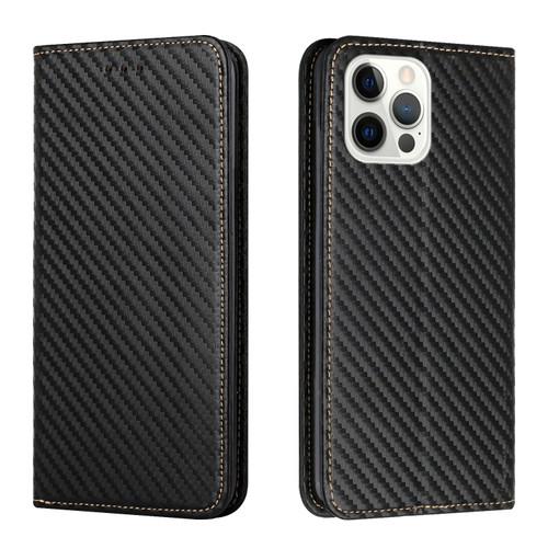 Carbon Fiber Texture Flip Holder Leather Phone Case for iPhone 13 Pro Max - Black