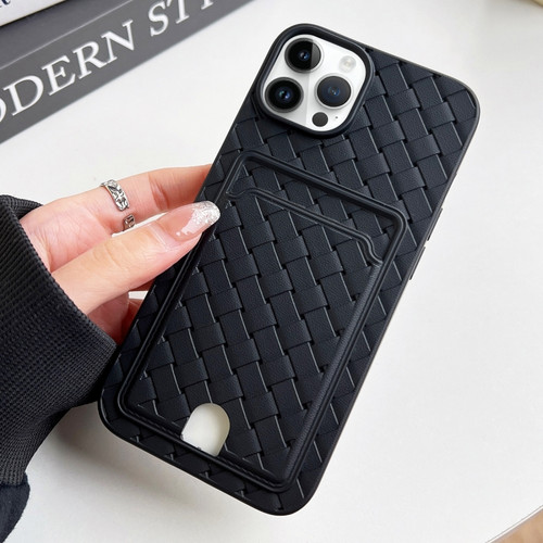 Weave Texture Card Slot Skin Feel Phone Case with Push Card Holefor iPhone 13 Pro Max - Black