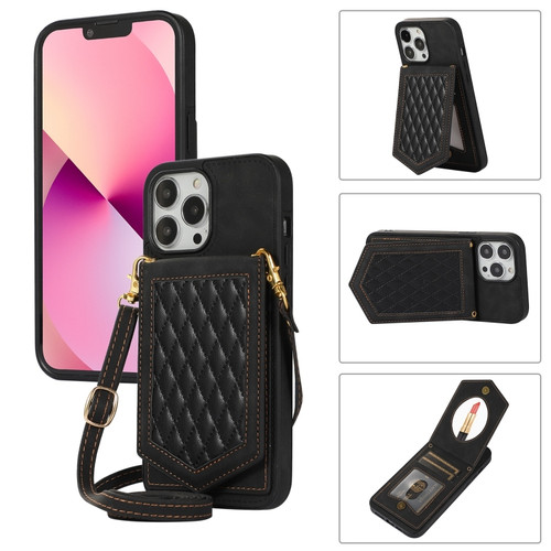 Rhombic Texture RFID Phone Case with Lanyard & Mirror for iPhone 13 Pro - Black