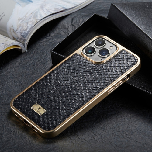 Fierre Shann Snake Texture Electroplating PU Phone Case for iPhone 13 Pro - Black