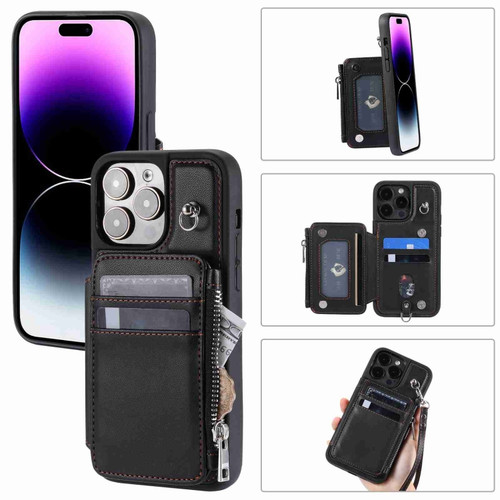 Zipper Card Slots RFID Phone Case for iPhone 13 Pro - Black