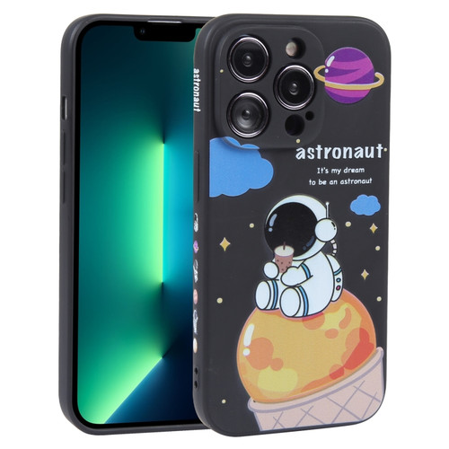 Milk Tea Astronaut Pattern Liquid Silicone Phone Case for iPhone 13 Pro - Ivory Black