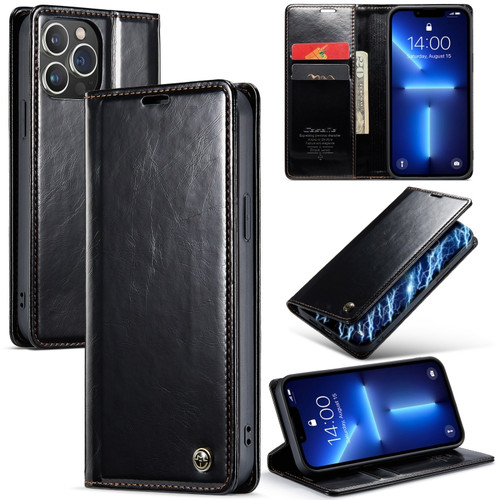 Max CaseMe 003 Crazy Horse Texture Leather Phone Case for iPhone 13 Pro - Black
