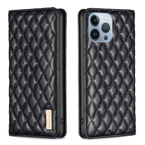 Diamond Lattice Magnetic Leather Flip Phone Case for iPhone 13 Pro - Black