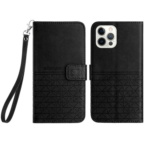 Rhombic Texture Leather Phone Case with Lanyard for iPhone 13 Pro - Black