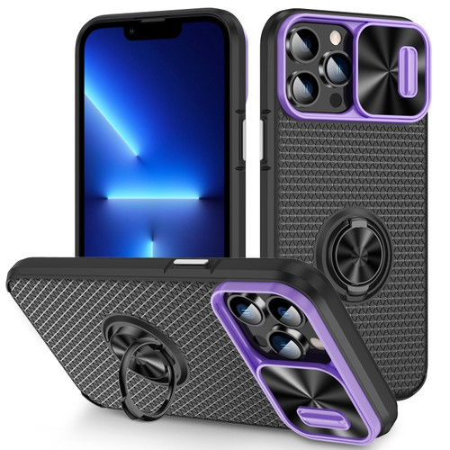 Sliding Camshield Armor Phone Case with Ring Holder for iPhone 13 Pro - Purple Black