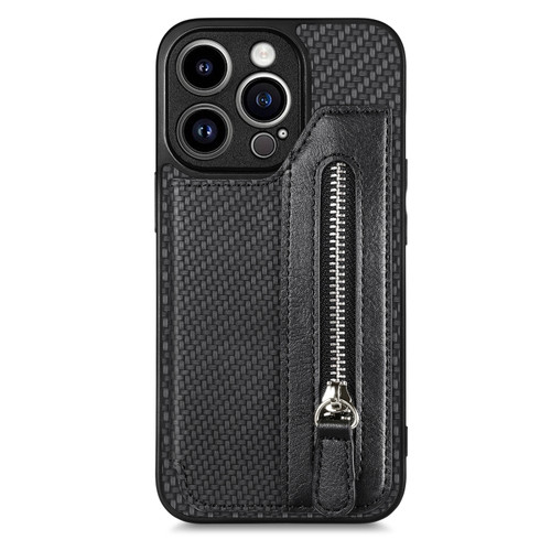 Carbon Fiber Horizontal Flip Zipper Wallet Phone Case for iPhone 13 Pro - Black