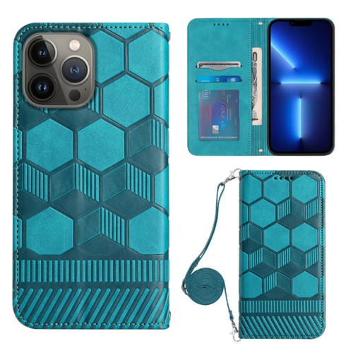 Crossbody Football Texture Magnetic PU Phone Case for iPhone 13 Pro - Light Blue