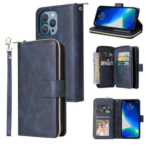 9 Card Slots Zipper Wallet Bag Leather Phone Case for iPhone 13 Pro - Blue