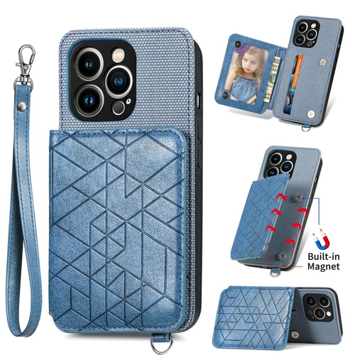 Geometric Wallet Phone Case with Lanyard for iPhone 13 Pro - Blue