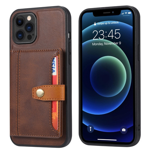 Calfskin Color Matching Shockproof TPU + PU Case with Holder & Card Slot for iPhone 13 Pro - Brown