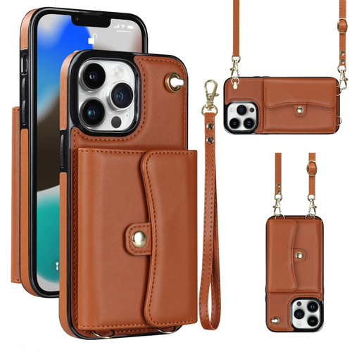 RFID Card Slot Phone Case with Long Lanyard for iPhone 13 Pro - Brown