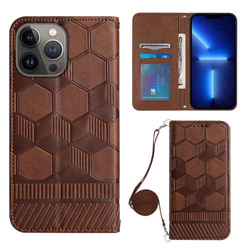 Crossbody Football Texture Magnetic PU Phone Case for iPhone 13 Pro - Brown