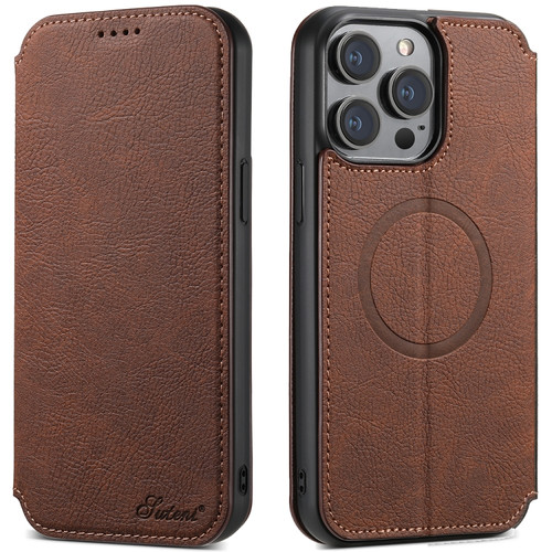 Suteni J06 Retro Matte Litchi Texture Leather Magnetic Magsafe Phone Case for iPhone 13 Pro - Brown