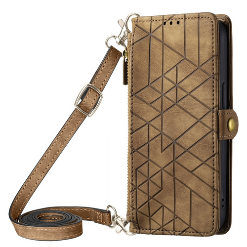 Geometric Zipper Wallet Side Buckle Leather Phone Case with Crossbody Lanyard for iPhone 13 Pro - Brown