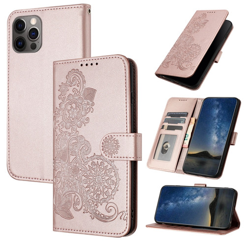 Datura Flower Embossed Flip Leather Phone Case for iPhone 13 Pro - Rose Gold