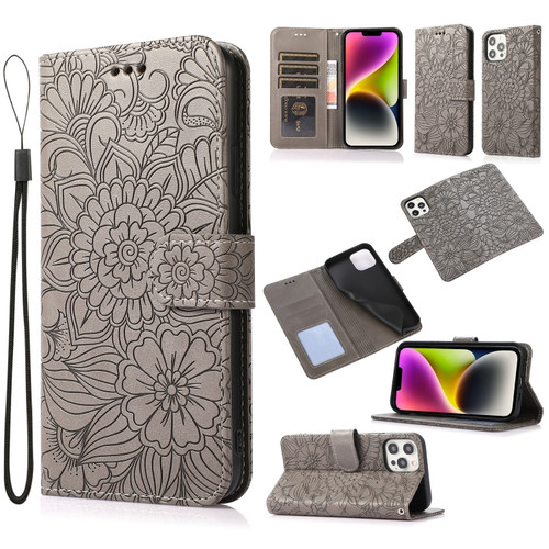 Skin Feel Embossed Sunflower Horizontal Leather Case for iPhone 13 Pro - Gray