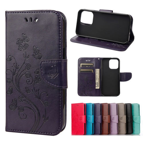 Butterfly Flower Pattern Horizontal Flip Leather Case with Holder & Card Slots & Wallet for iPhone 13 Pro - Deep Purple