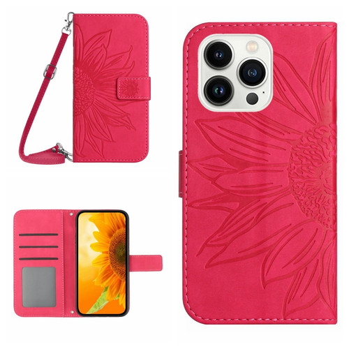 Skin Feel Sun Flower Pattern Flip Leather Phone Case with Lanyard for iPhone 13 Pro - Rose Red