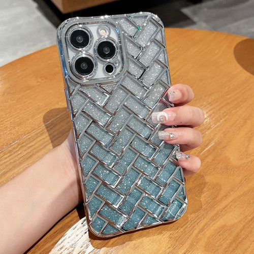 Woven Grid 3D Electroplating Laser Engraving Glitter Paper Phone Case for iPhone 13 Pro - Silver