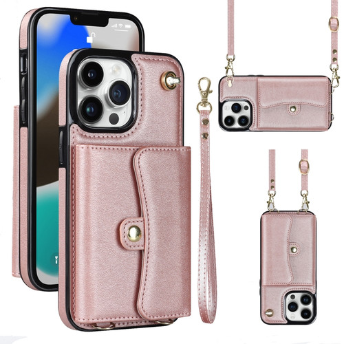 RFID Card Slot Phone Case with Long Lanyard for iPhone 13 Pro - Rose Gold