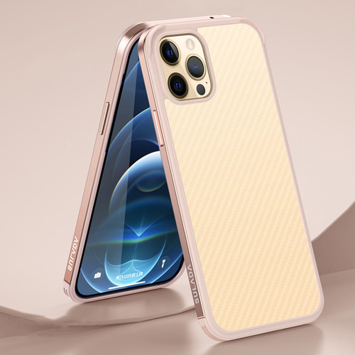 SULADA Luxury 3D Carbon Fiber Textured Metal + TPU Frame Phone Case for iPhone 13 Pro - Rose Gold