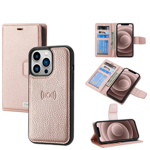 Litchi Texture Magnetic Detachable Wallet Leather Phone Case for iPhone 13 Pro - Rose Gold