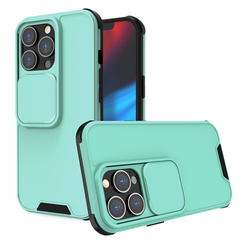 Up and Down Sliding Camera Cover Design Shockproof TPU + PC Protective Case for iPhone 13 Pro - Mint Green