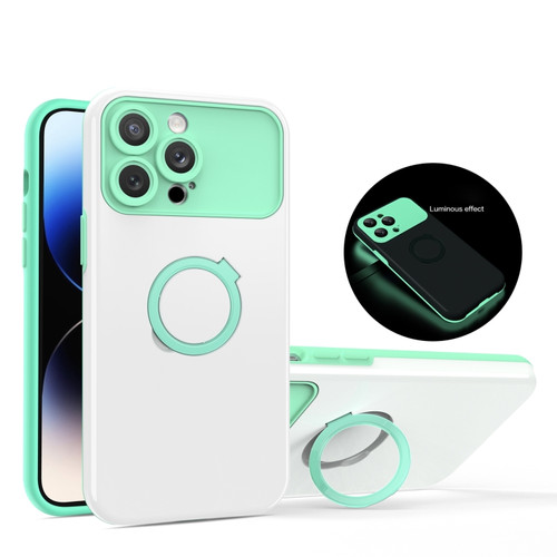 Luminous Series Ring Holder Phone Case for iPhone 13 Pro - White + Lake Green