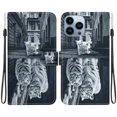 Crystal Texture Colored Drawing Leather Phone Case for iPhone 13 Pro - Cat Tiger Reflection