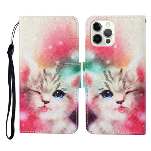 Colored Drawing Pattern Horizontal Flip Leather Phone Case for iPhone 13 Pro - Squint Cat