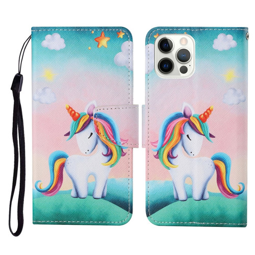 Colored Drawing Pattern Horizontal Flip Leather Phone Case for iPhone 13 Pro - Rainbow Unicorn