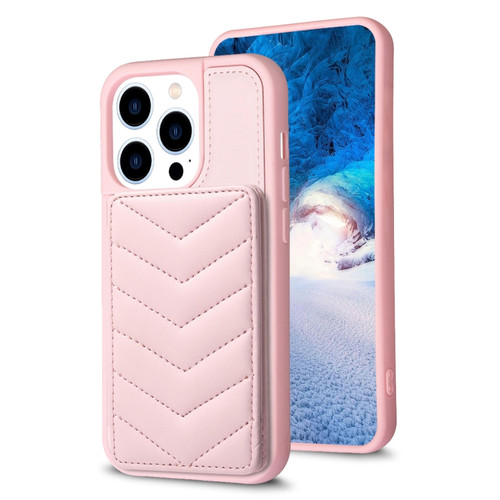 BF26 Wave Pattern Card Bag Holder Phone Case for iPhone 13 Pro - Pink