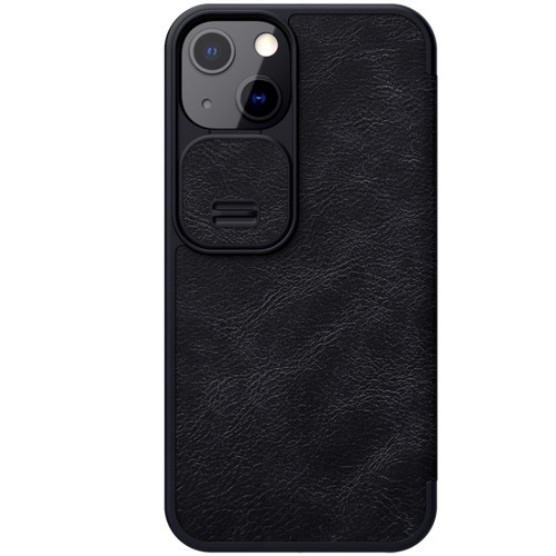 NILLKIN QIN Series Pro Sliding Camera Cover Design Crazy Horse Texture Horizontal Flip Leather Case with Card Slot for iPhone 13 - Black