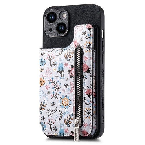Retro Painted Zipper Wallet Back Phone Case for iPhone 13 - Black