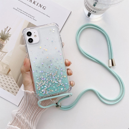 Gradient Glitter Powder Epoxy TPU Thickened Acrylic Shockproof Case with Round Neck Lanyard for iPhone 13 - Glacier Blue