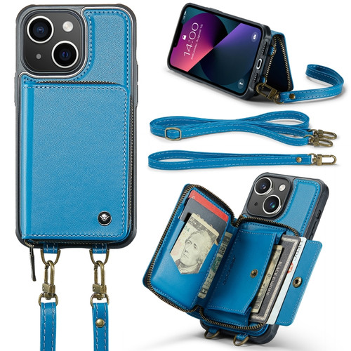 JEEHOOD C22 Series Zipper Wallet Leather Phone Case with Dual Lanyard for iPhone 13 - Blue