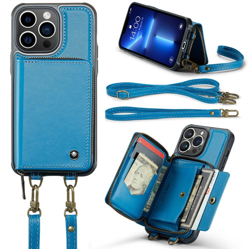 Pro JEEHOOD C22 Series Zipper Wallet Leather Phone Case with Dual Lanyard for iPhone 13 - Blue